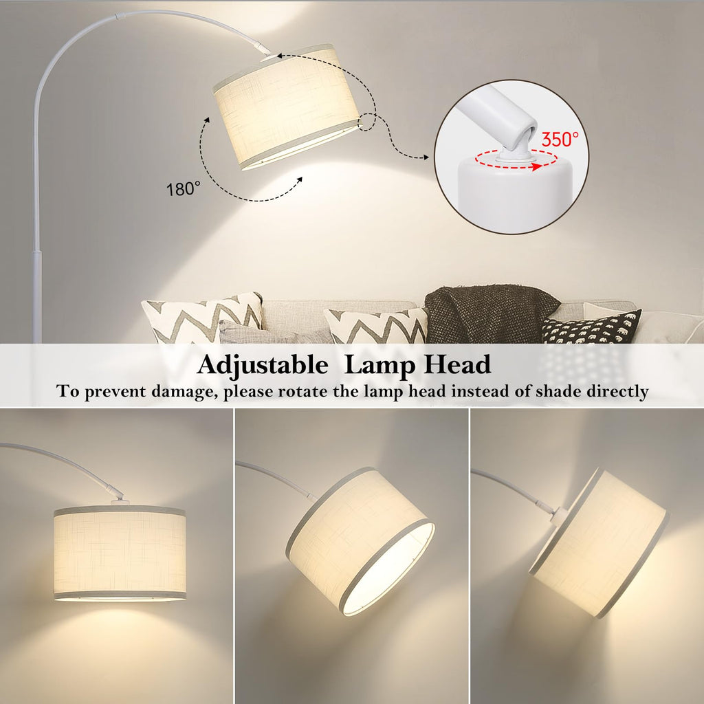 Rattan Floor Lamp, Arc Floor Lamps for Living Room, Farmhouse Standing Lamp with Adjustable Hanging Fabric Shade, Tall Pole Lamp with Foot Switch, Over Couch Arched Reading Light for Bedroom, Office