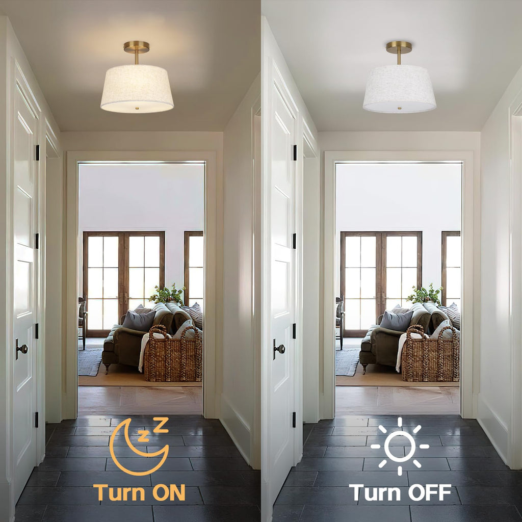 CALOKES Semi Flush Mount Ceiling Light, 11.8" Modern 3-Light Fixture with Petal-Shaped Cream White Fabric Shade and Golden Support Arm, Ideal for Bedroom, Kitchen, Living Room, Hallway, and Entryway
