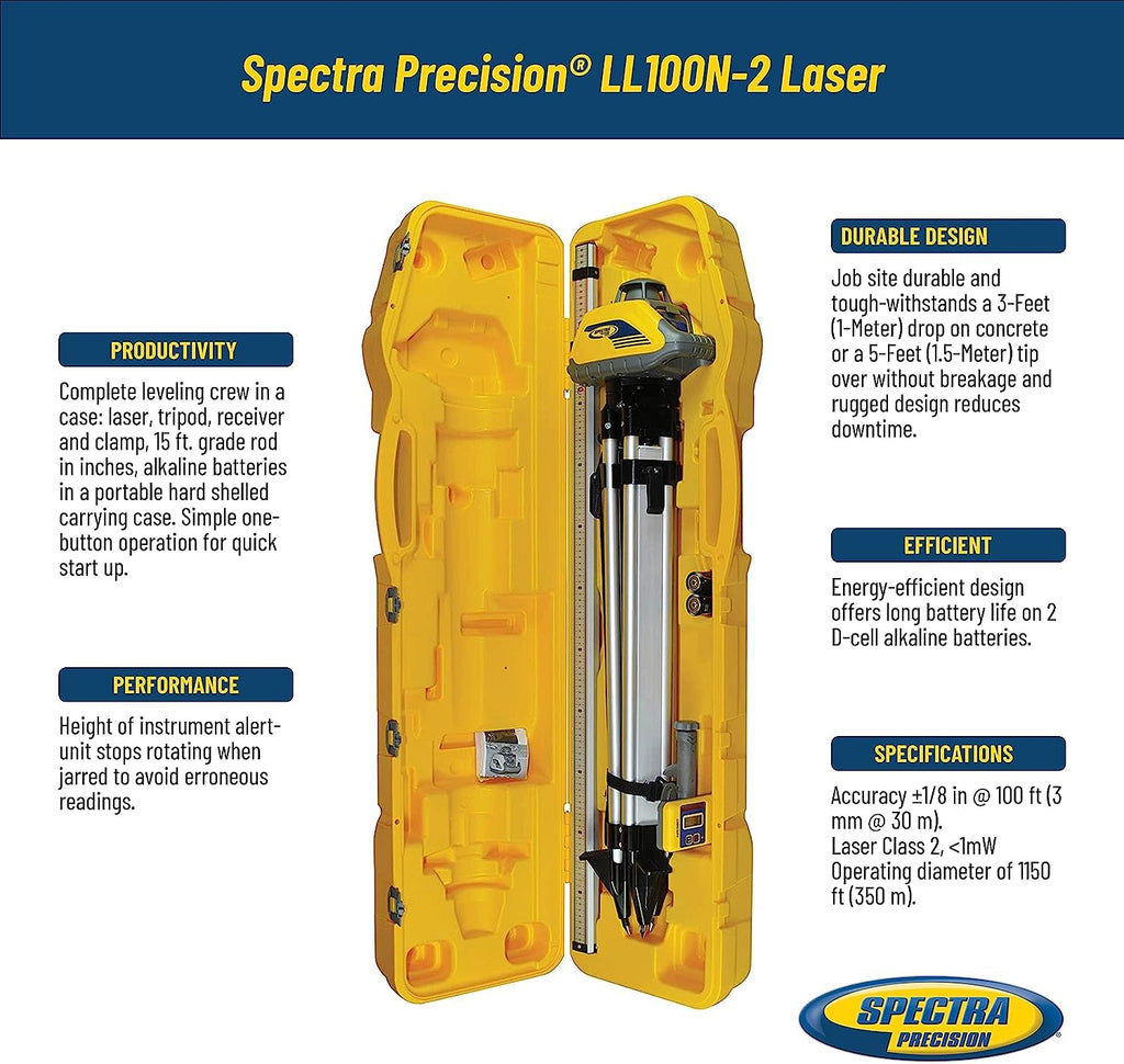 Spectra Precision LL100N Laser Level, Self-Leveling laser with HR320 Receiver, Class 2, C59 Rod Clamp, Alkaline Batteries, Carry Case, Yellow