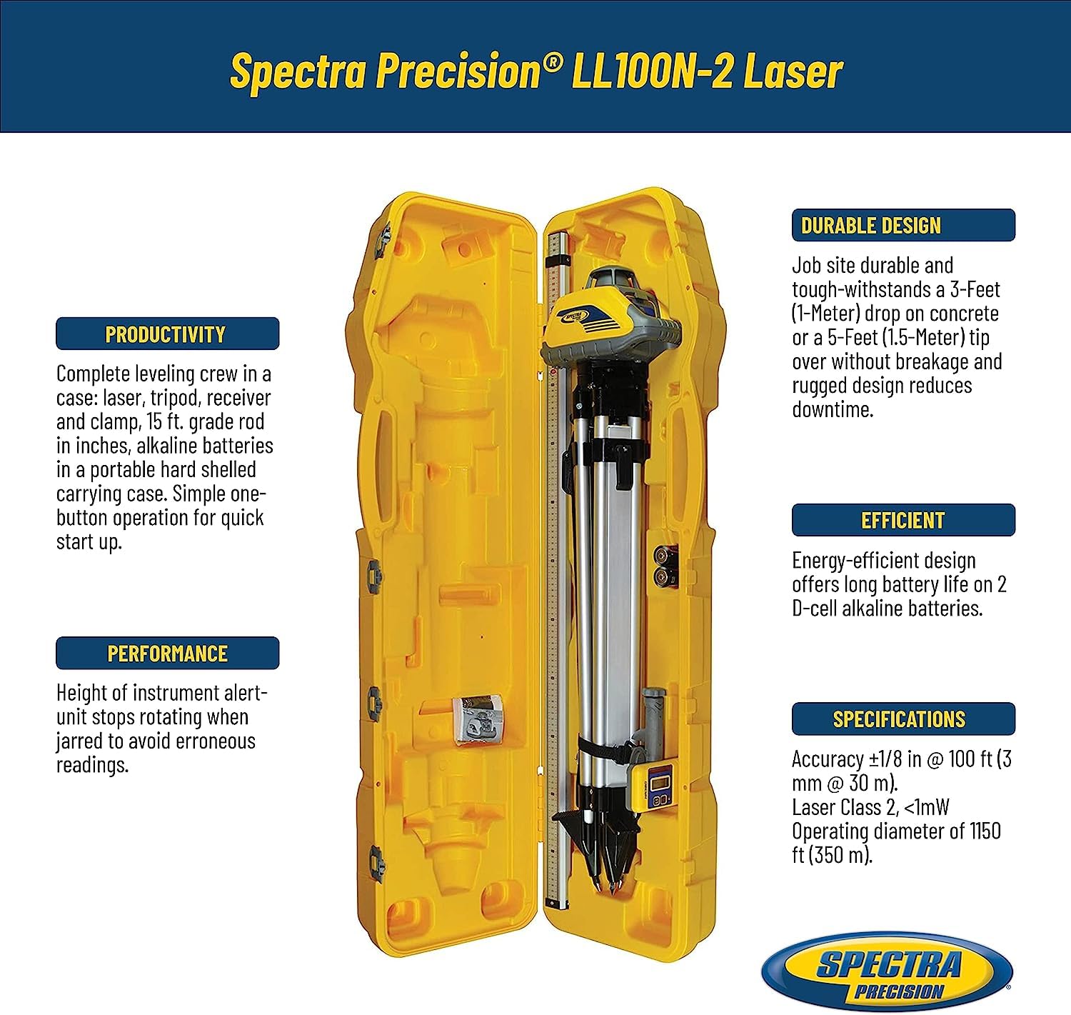 Spectra Precision LL100N Laser Level, Self-Leveling laser with HR320 Receiver, Class 2, C59 Rod Clamp, Alkaline Batteries, Carry Case, Yellow