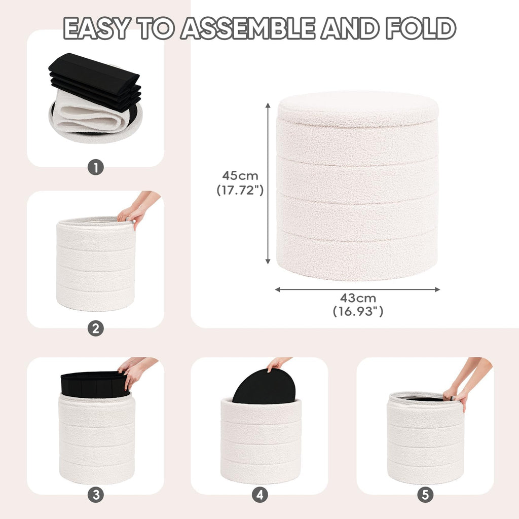 PINPLUS Round Storage Ottoman Foot Rest Stool with Tray Velvet Sherpa Folding Storage Ottoman,Boucle Foot Rest for Living Room, Bedroom, Dorm（Beige）