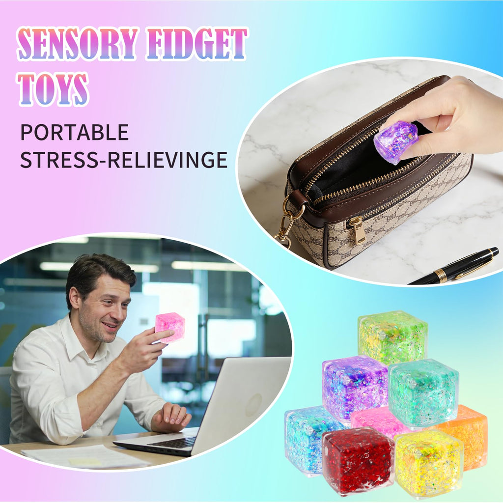 24 Pack Slow Rising Ice Cube Squishy Stress Balls，Stress Cube for Adults Kids , Bulk Taba Squish Fidget Toys, Square Squeeze Toy for Classroom Prizes, Mini Nice Cube Squishy for Party Favors