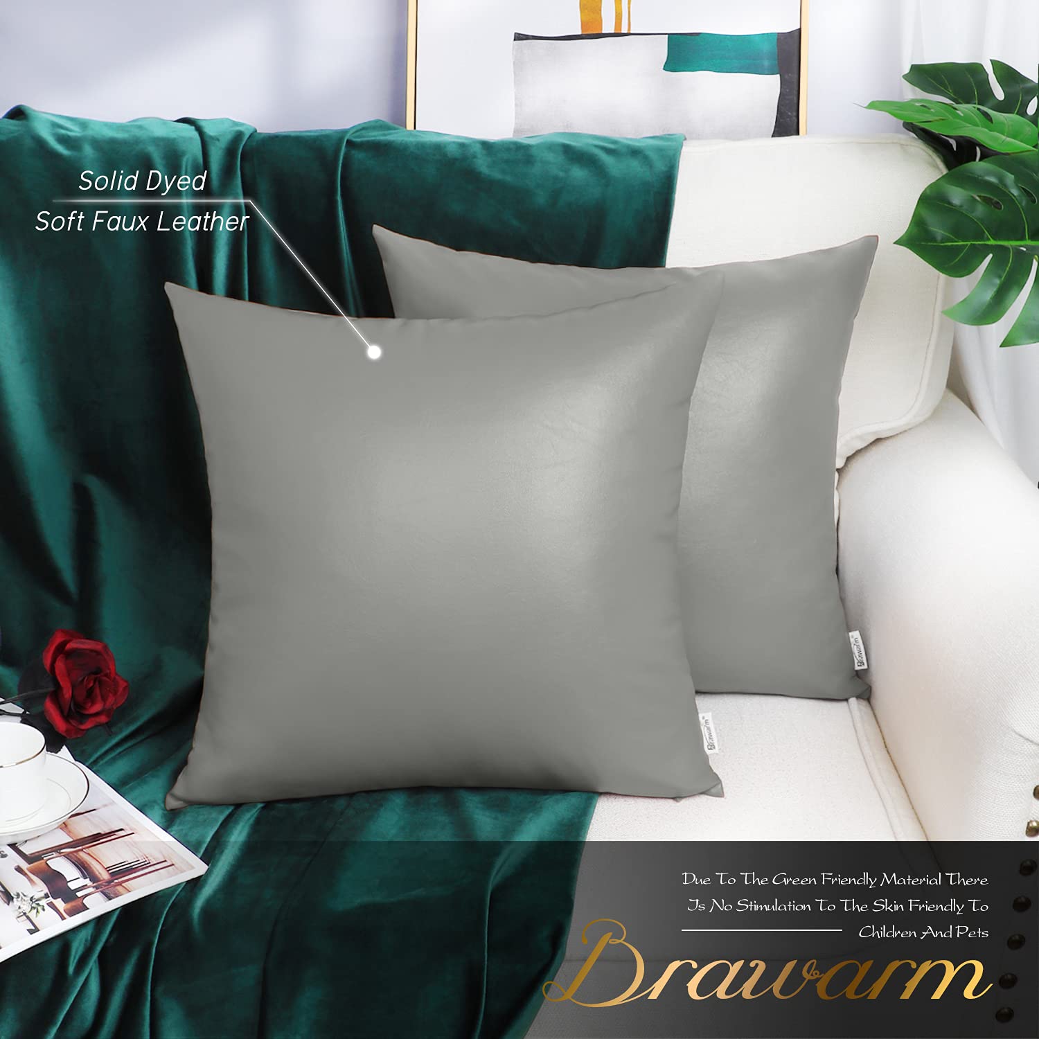 BRAWARM Faux Leather Throw Pillow Covers 16 X 16 Inches - Black Leather Pilow Covers Pack of 2, Solid Dyed Leather Pillowcases for Couch Bed Sofa Garden Home Decorative
