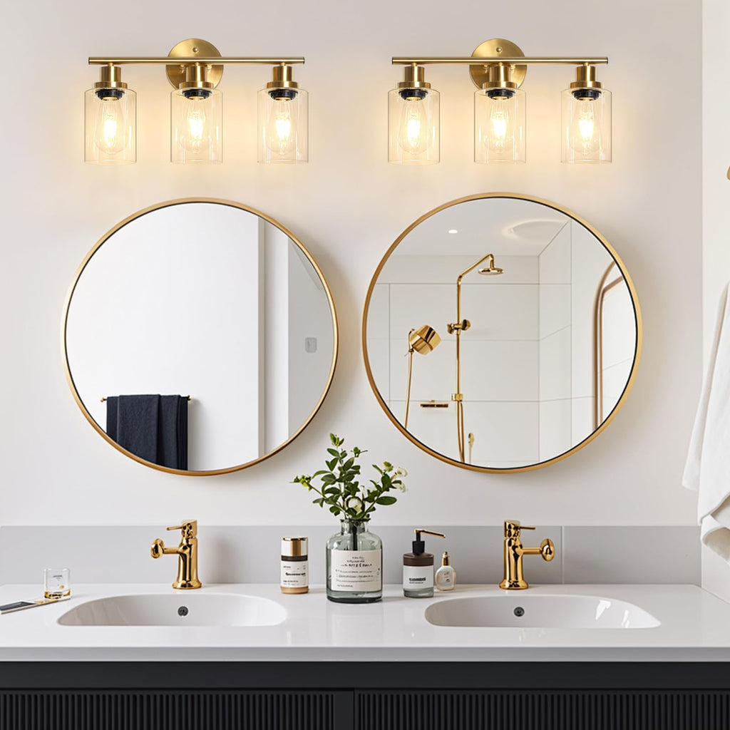 Unicozin 2 Pack Modern Bathroom Light Fixtures, 3 Light Vanity Lights, Black Wall Lamp with Clear Glass for Bathroom, Mirror, Living Room, Bedroom, Hallway, E26 Base
