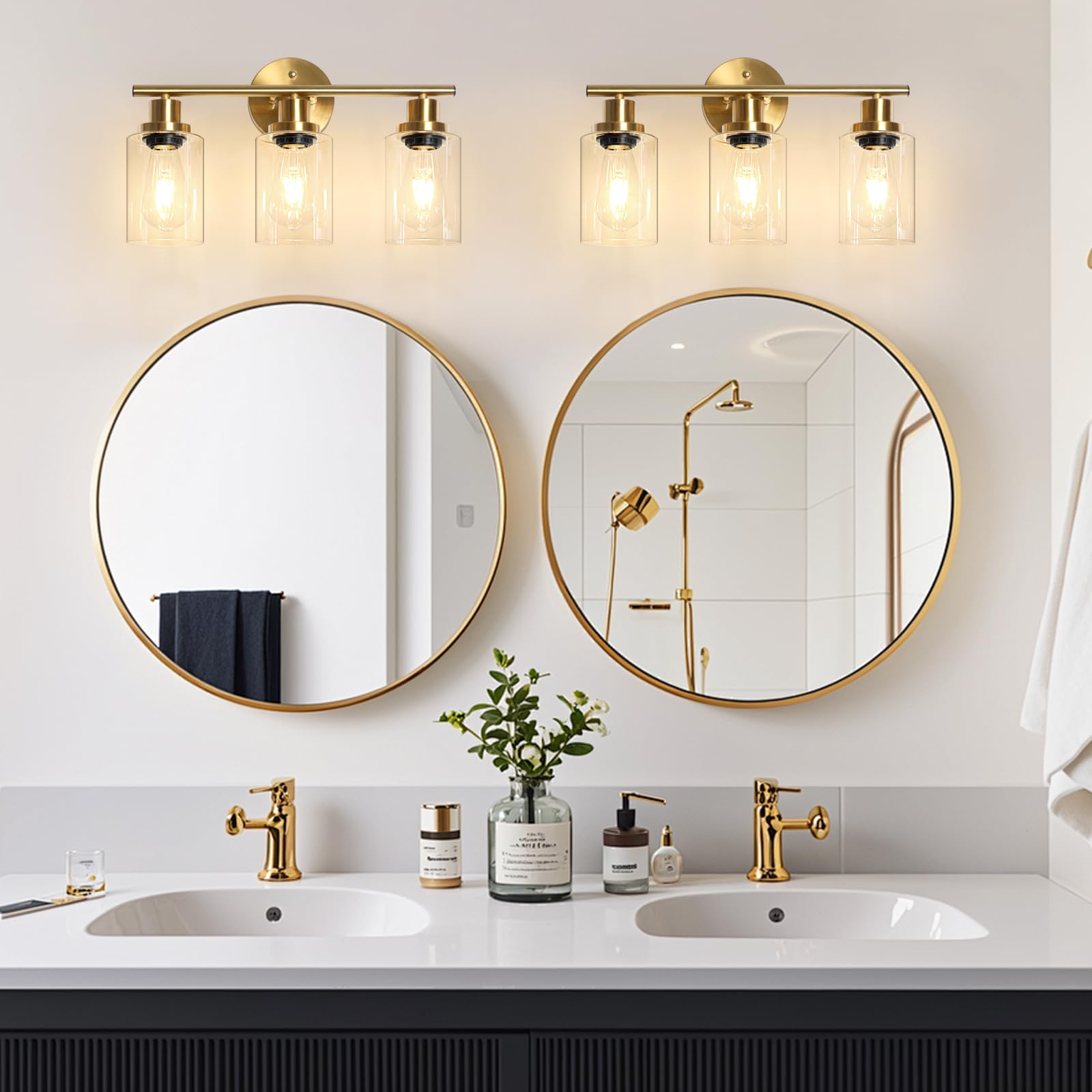 Unicozin 2 Pack Modern Bathroom Light Fixtures, 3 Light Vanity Lights, Black Wall Lamp with Clear Glass for Bathroom, Mirror, Living Room, Bedroom, Hallway, E26 Base