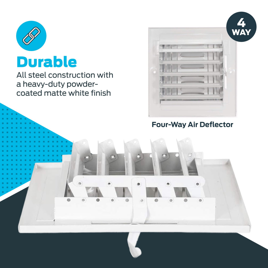 EZ-FLO 6 x 6 Inch (Duct Opening) Air Vent Cover for Wall or Ceiling, Four-Way Ventilation Register, Solid Steel HVAC Register Cover, White, 61617