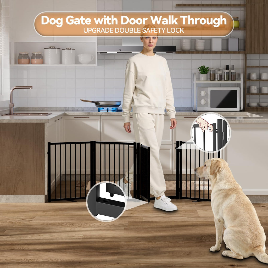 SNUOWU Full Metal Freestanding Dog Gate with Door, 24'' Height Foldable Pet Dog Fence for Indoor & Outdoor, 2 Panels Extra Wide Free Standing SmallDog Gates for Doorways,House,Stairs,Porch,Deck,Yard