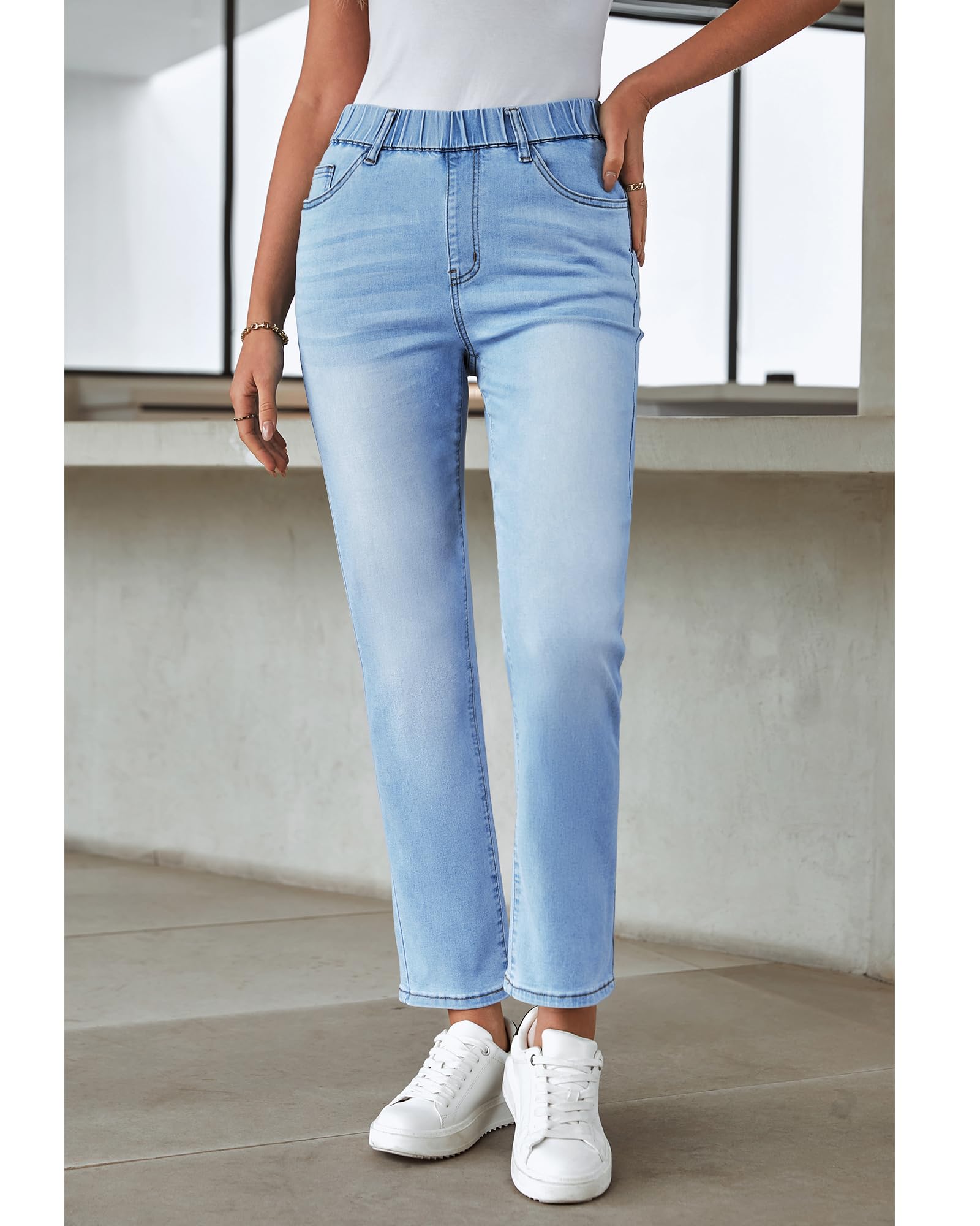 GRAPENT Straight Leg Jeans for Women Trendy Pull On High Waisted Cropped Elastic Waist Stretchy Denim Pants Ankle Jeans