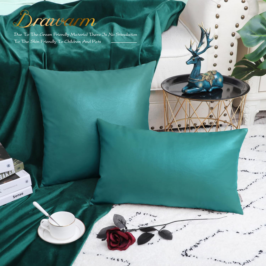 BRAWARM Faux Leather Throw Pillow Covers 16 X 16 Inches - Black Leather Pilow Covers Pack of 2, Solid Dyed Leather Pillowcases for Couch Bed Sofa Garden Home Decorative