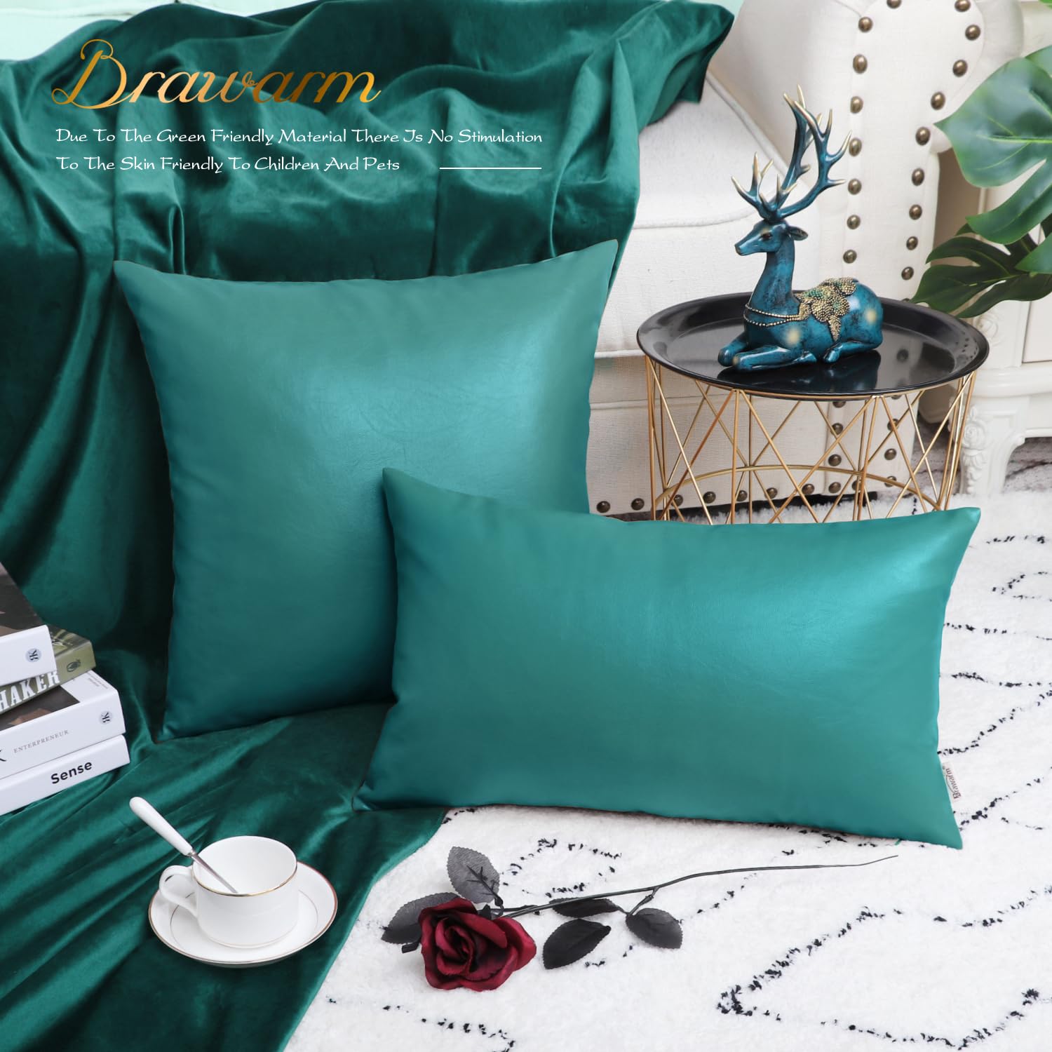 BRAWARM Faux Leather Throw Pillow Covers 16 X 16 Inches - Black Leather Pilow Covers Pack of 2, Solid Dyed Leather Pillowcases for Couch Bed Sofa Garden Home Decorative