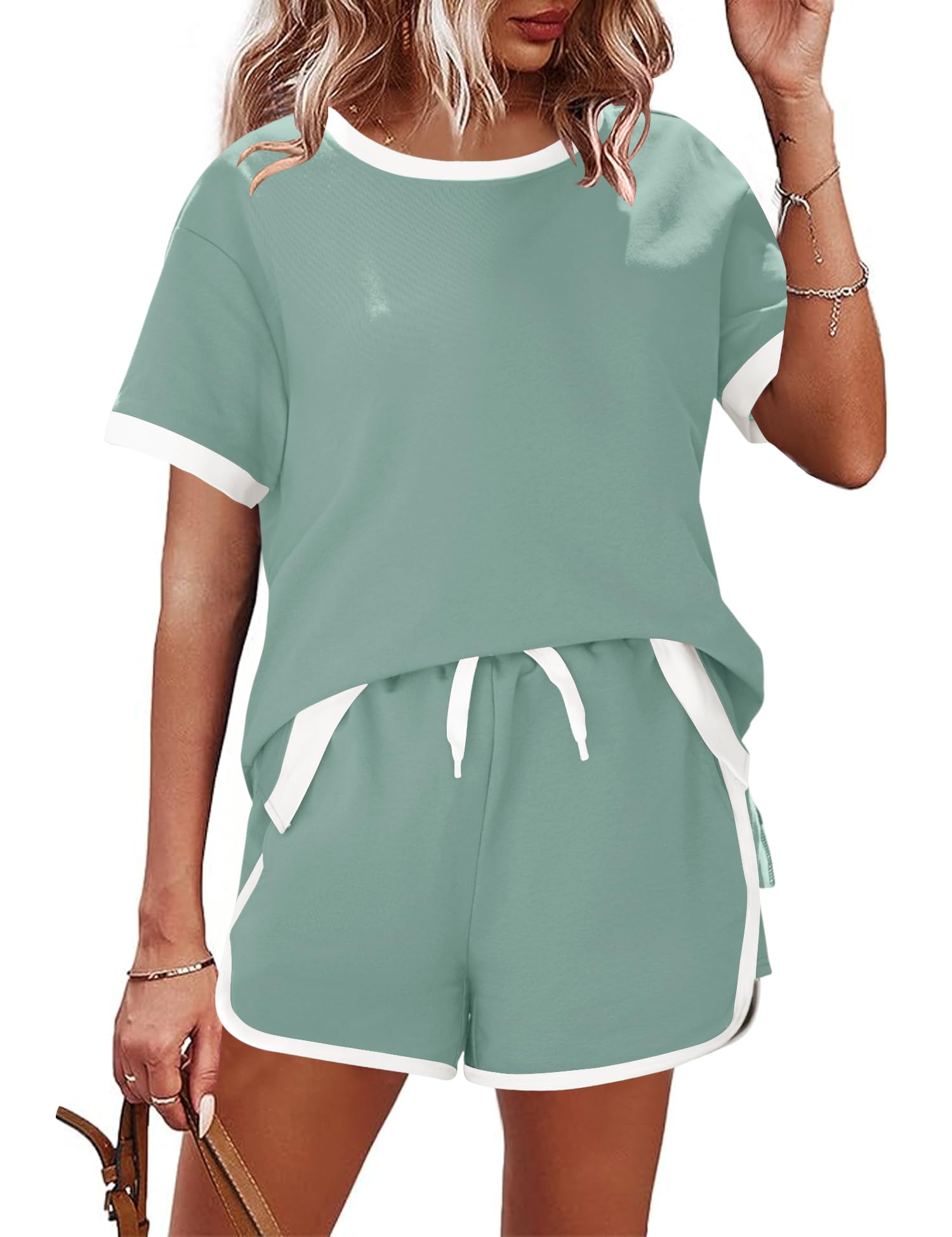 AKEWEI Shorts Sets Women 2 Piece Outfits Casual Short Sleeve Crewneck Tops and Drawstring Shorts Color Block Sets