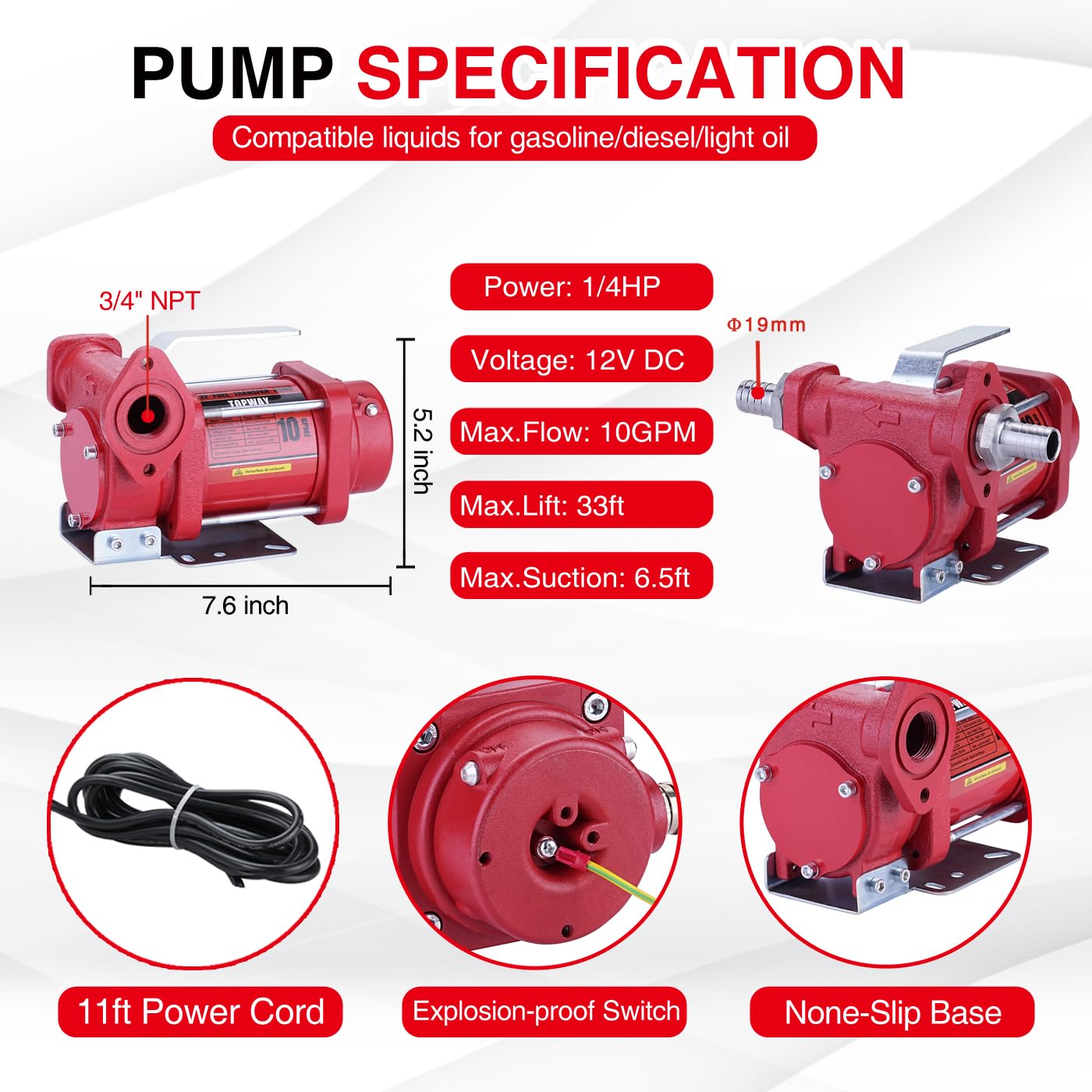 TOPWAY 12V DC Gasoline Fuel Pump 3.7GPM Self-priming Oil Transfer Pump With Handle, Reversible Pumping, Overheat Protection, Explosion-Proof, Built-in Bypass, for Gasoline Fuel Diesel Kerosene Removal