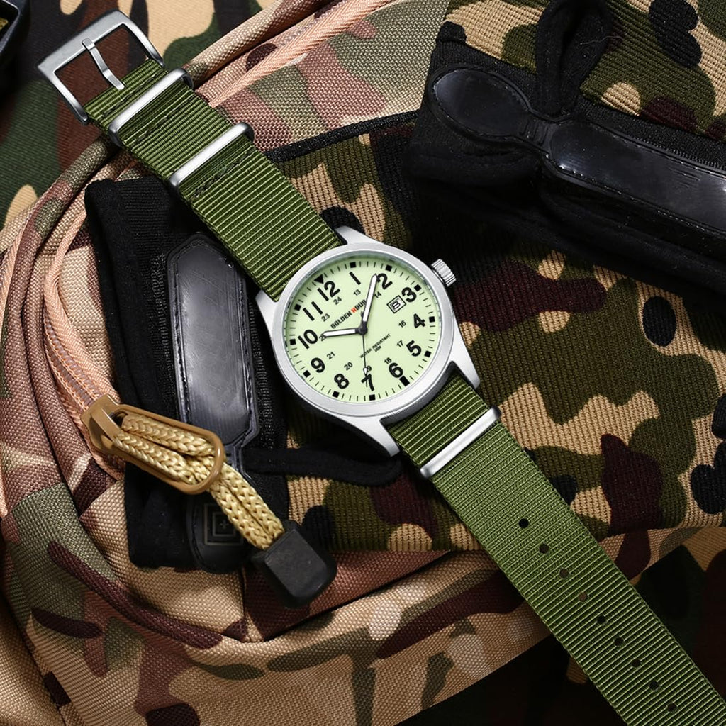 GOLDEN HOUR Men's Nylon Slip-Thru Strap Watch with Military Time Easy Read Dial Glowing Hands