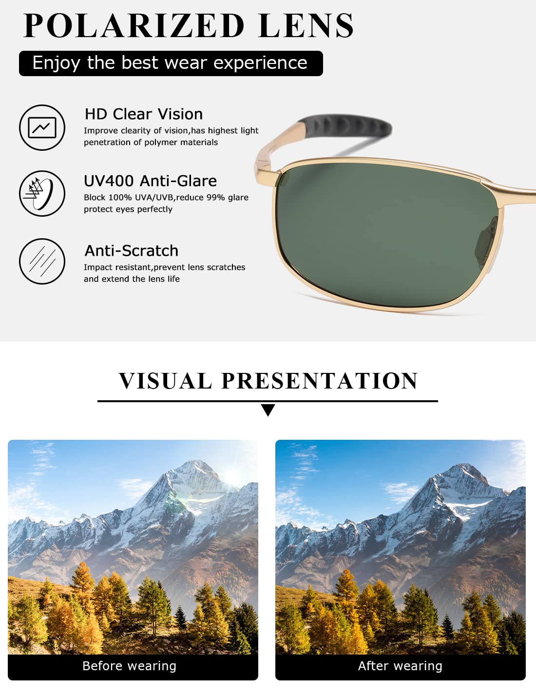 AEVOGUE Polarized Sunglasses For Men Rectangle Metal Frame Retro Sun Glasses AE0395