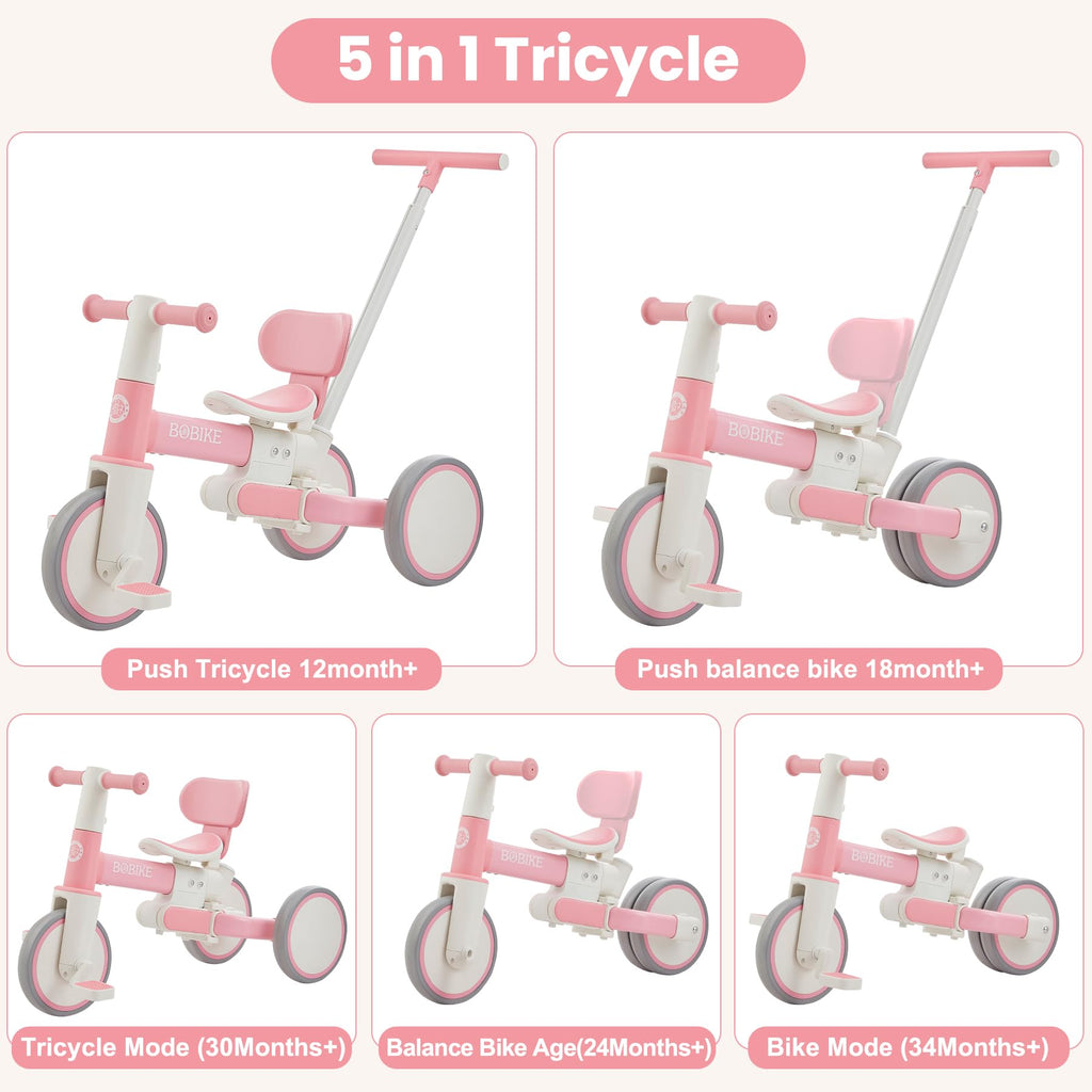 Toddler Bike with Push Handle,Tricycles for 1 to 3 Years Old, Toddler Tricycle with Push Handle for Boy Girl, Baby Balance Bike with Adjustable Seat Height and Removable Pedal (Black)