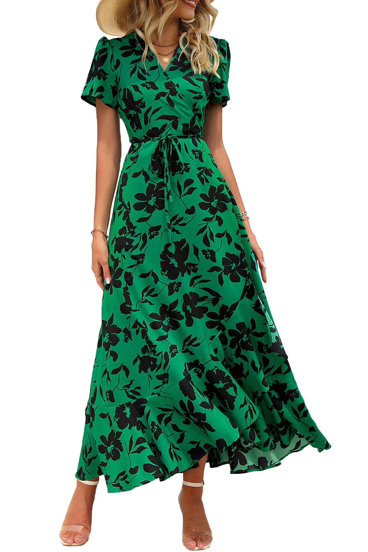 PRETTYGARDEN Women's Boho Floral Maxi Dress Summer Short Sleeve Wrap V Neck Long Flowy Beach Vacation Wedding Guest Dresses