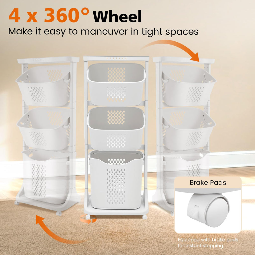 BAOKALER Rolling Laundry Hamper Cart with Wheels, 3 Tier White Laundry Baskets, Clothes Hamper with Portable Storage Baskets for Kitchens, Bathrooms, Bedrooms, Classrooms, Laundry Rooms(75L)