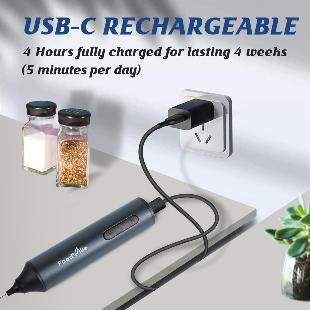 FoodVille MF05 Rechargeable Milk Frother USB Charging Handheld Foam Maker with Stainless Balloon Whisk for Cappuccino, Latte, Bulletproof Coffee, Keto Diet, Protein Powder, Matcha (Black)