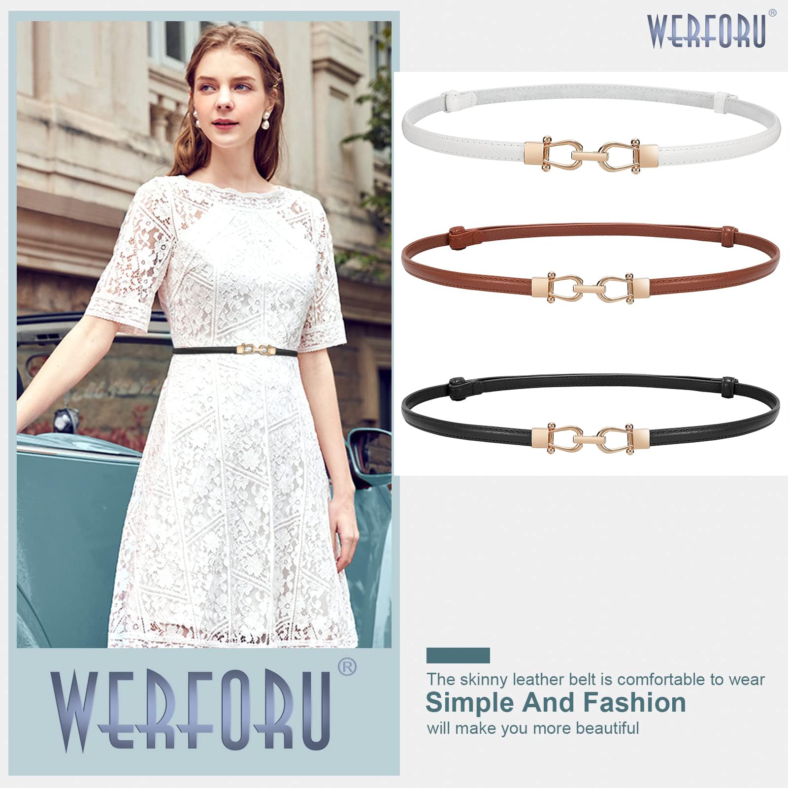 WERFORU Women Classic Leather Belt With Square Gold Silver Buckle For Jeans Pants