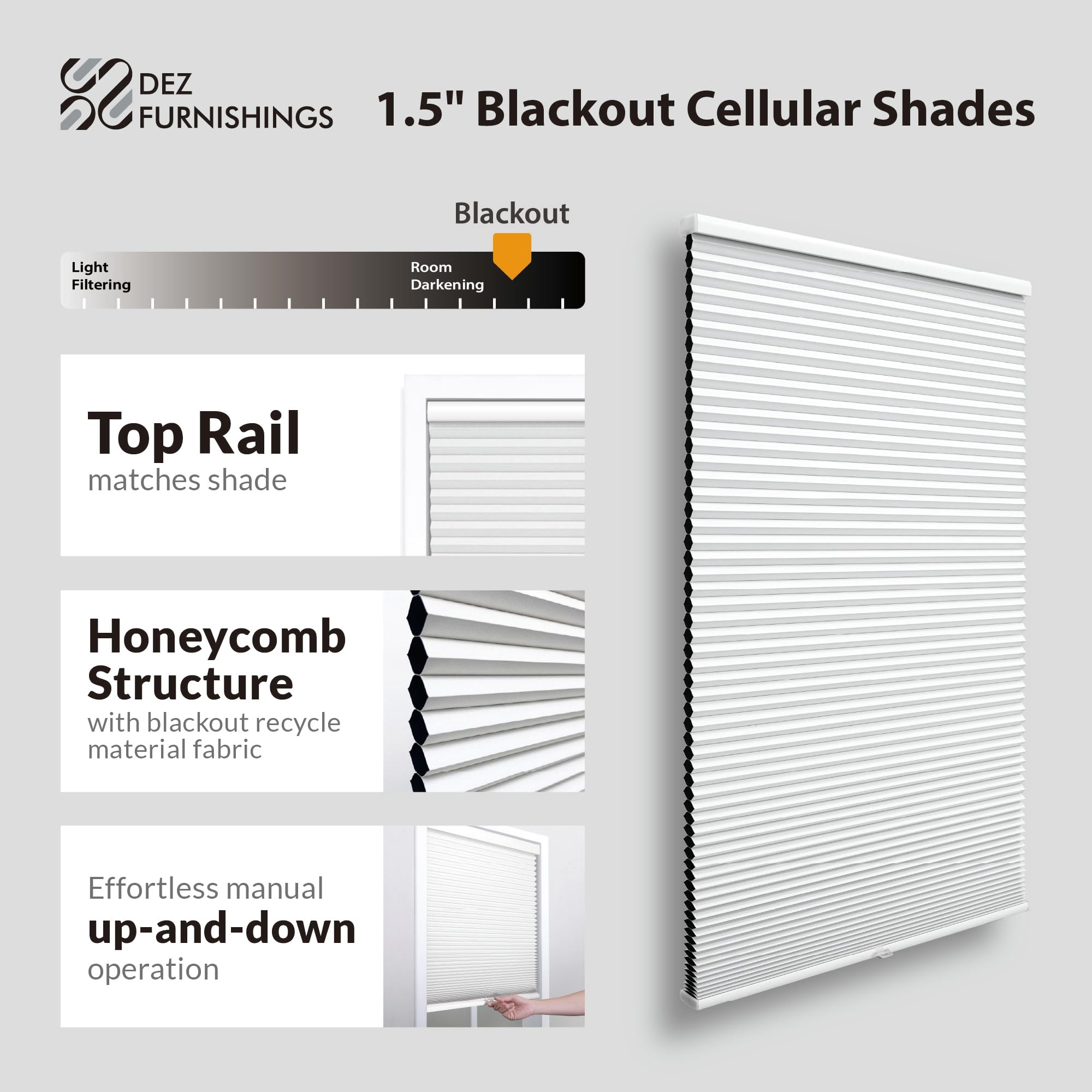 DEZ FURNISHINGS Cordless 1.5" Blackout Cellular Shade, Energy Saver, 18" W x 48" H, Anchor Gray
