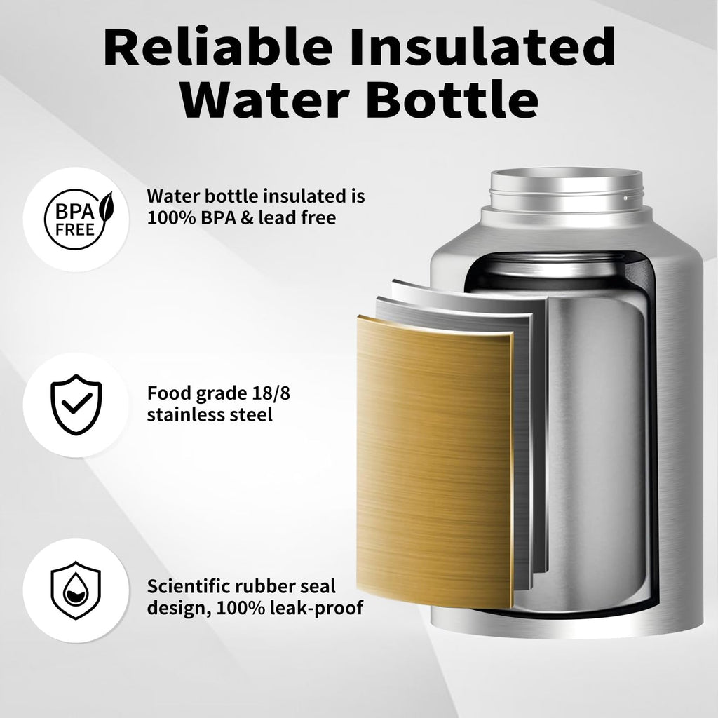 WATERSY Half Gallon Water Bottle Insulated(Cold for 48 Hrs),BPA Free&Leak Proof,64oz Stainless Steel Water Jug/Flask,Big thermo,Large Water Bottle with Handle for Gym,Hiking,Camping,Black