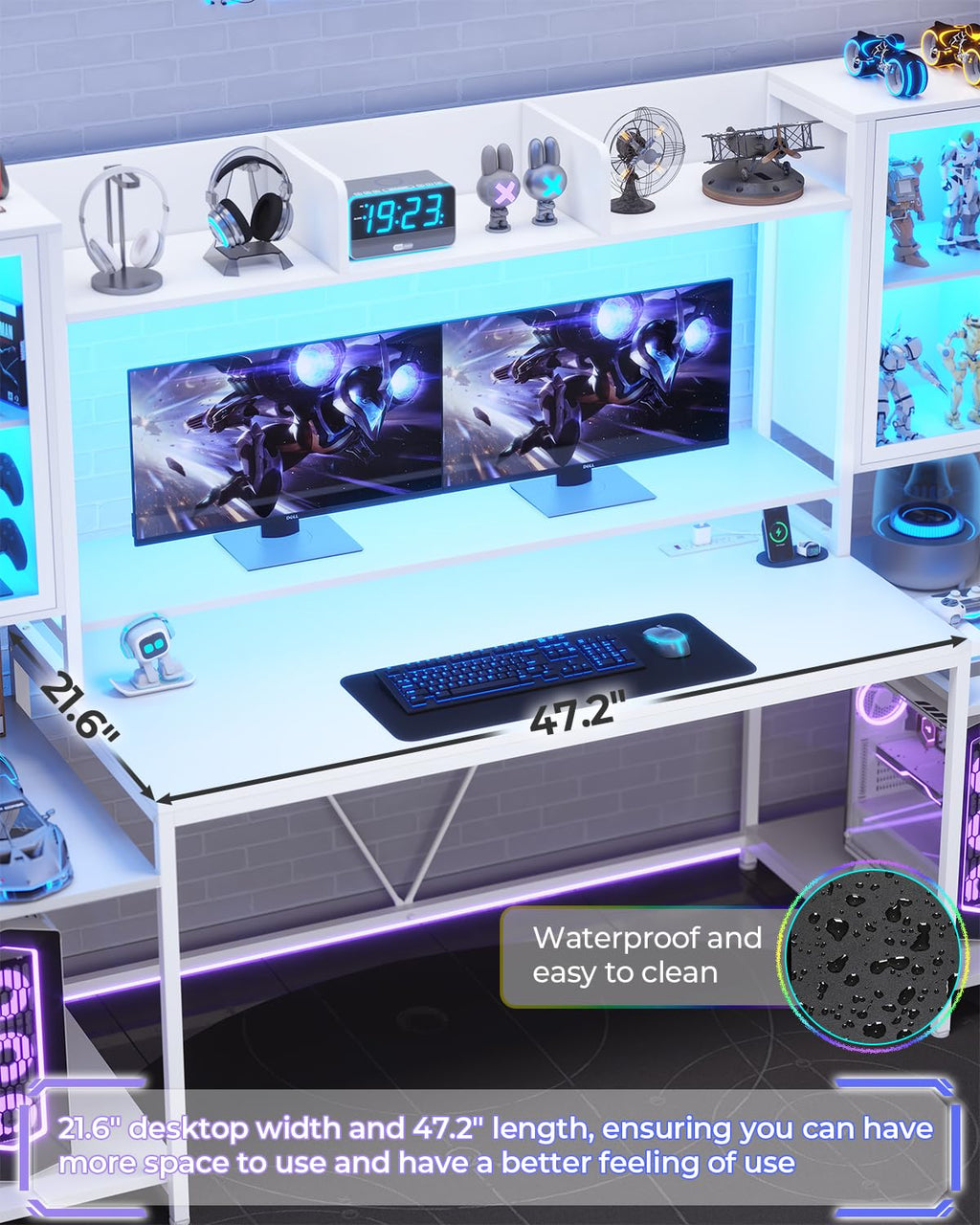 SEDETA Gaming Desk 74.8'' with LED Lights, Hutch and Storage Shelves, Computer Desk with Monitor Stand, Large PC Gamer Desk Workstation, Ergonomic Gaming Table for Bedroom, Living Room, Black