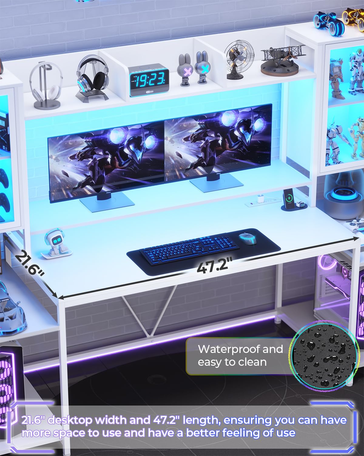 SEDETA Gaming Desk 74.8'' with LED Lights, Hutch and Storage Shelves, Computer Desk with Monitor Stand, Large PC Gamer Desk Workstation, Ergonomic Gaming Table for Bedroom, Living Room, Black