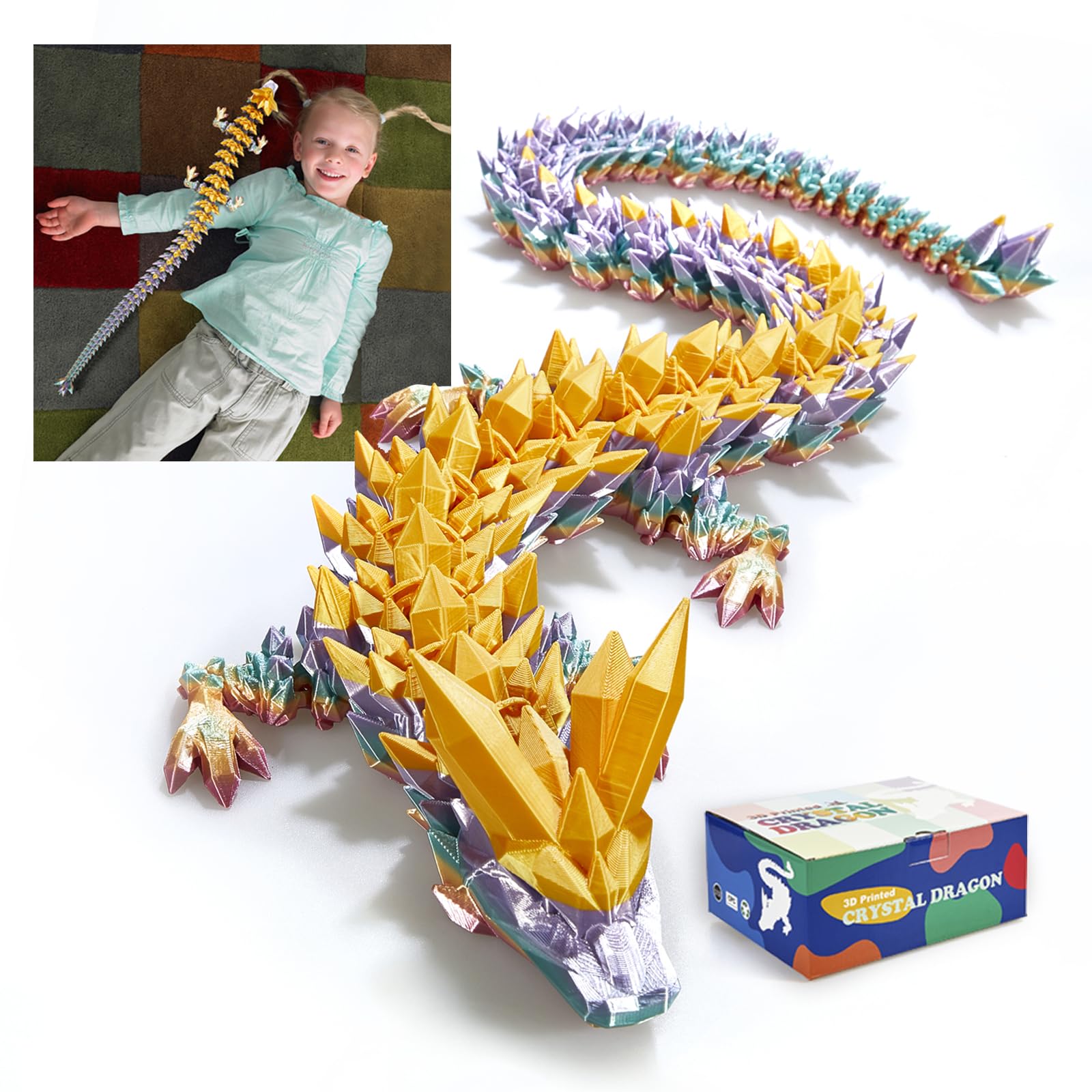 24" Large 3D Printed Dragon - Huge Articulated Crystal Dragon Fidget Toy, Giant Flexible 3D Dragon Figure, Birthday Gift for Boys Girls Kids & Collectors, Home Office Executive Desk Decor