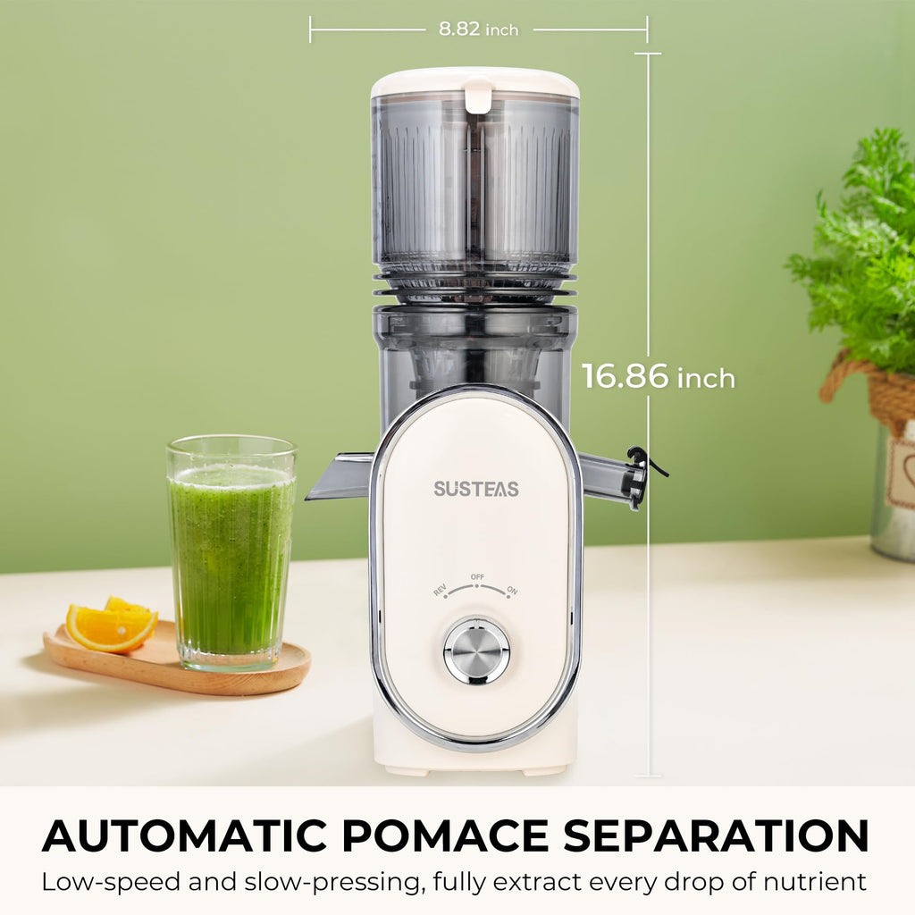 SUSTEAS Cold Press Juicer, 5.3" Feed Chute Slow Masticating Machines with 300W, Fit Whole Fruits & Vegetables, High Juice Yield, Easy to Clean, White
