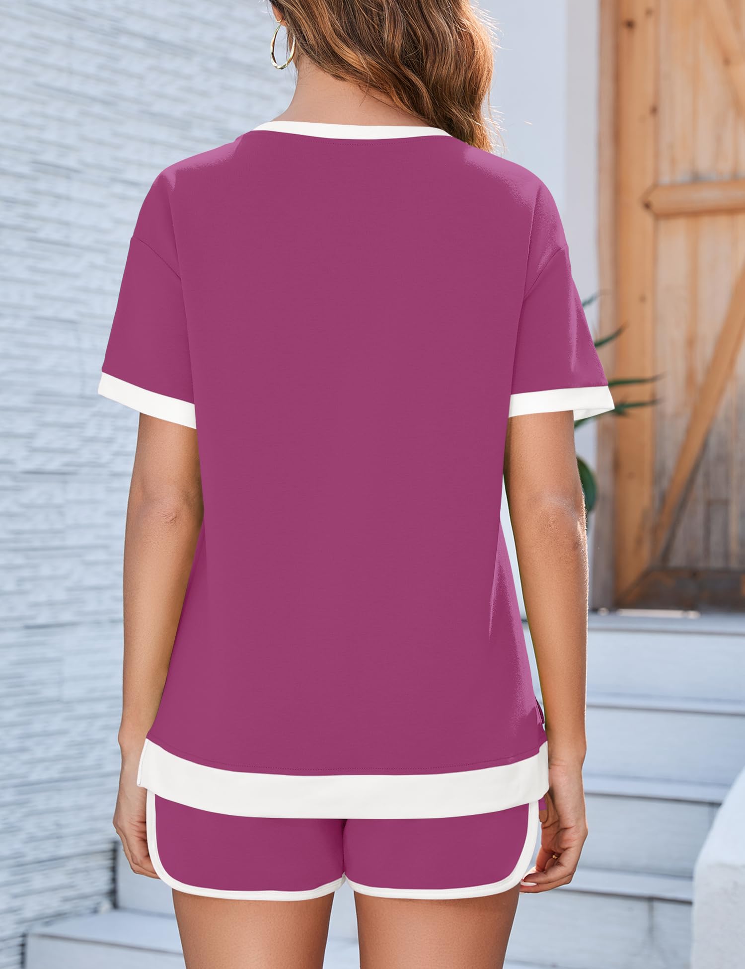 AKEWEI Shorts Sets Women 2 Piece Outfits Casual Short Sleeve Crewneck Tops and Drawstring Shorts Color Block Sets