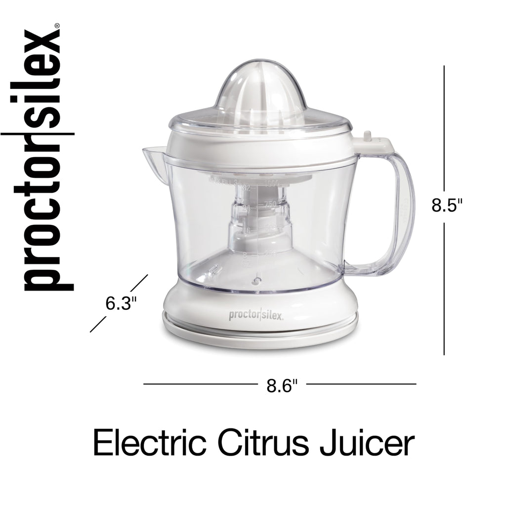 Proctor Silex Electric Citrus Juicer Machine, Large 34 oz. Pitcher, Pressure Activated, 2 Reamers for Big and Small Fruit, Pulp Control, for Orange, Lemon, Grapefruit Juice, White & Green (66340)
