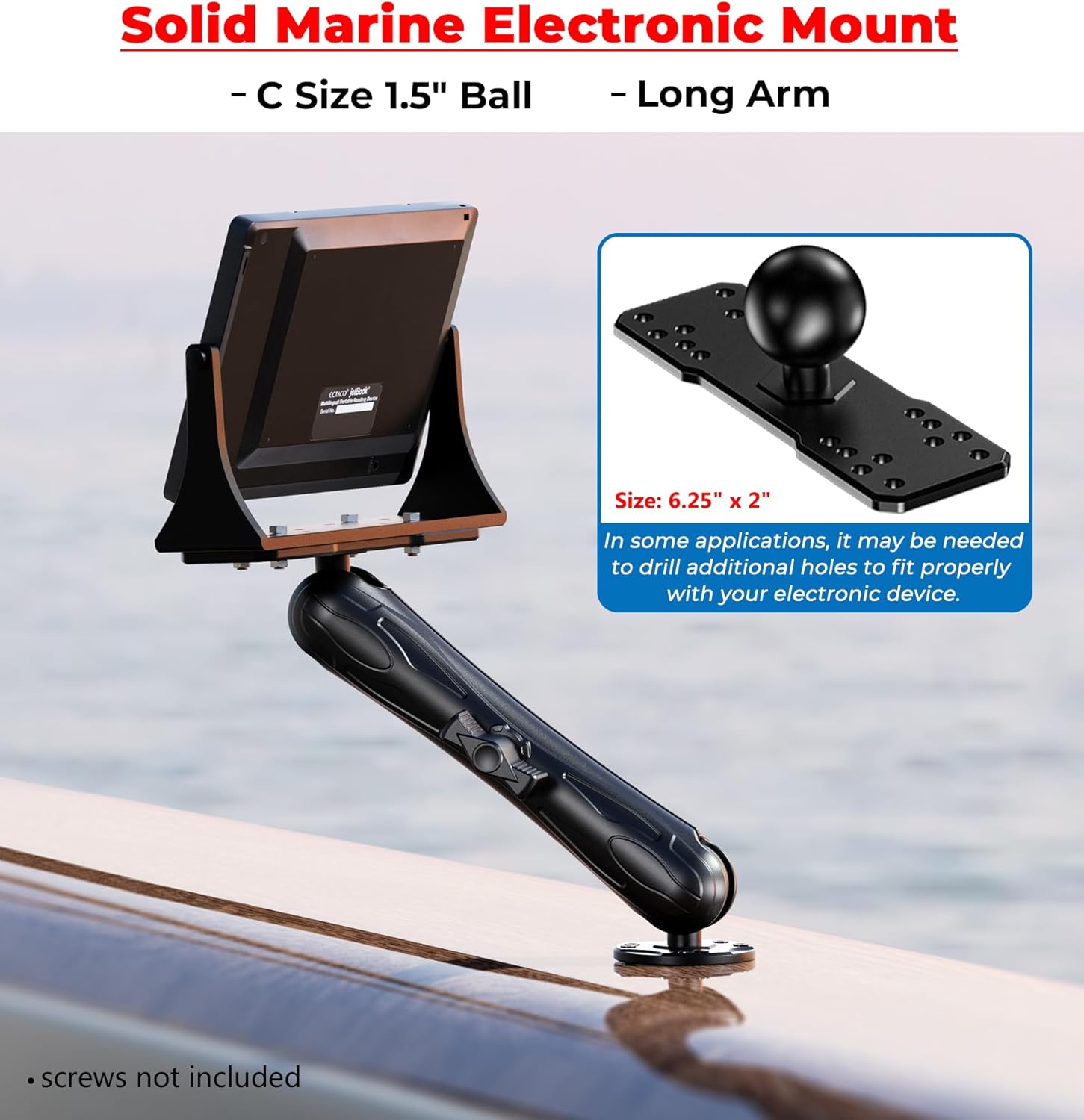 VAZESWIN Aluminum Alloy Fish Finder Mount with C Size 1.5" Ball Rectangular Plate & Round Base, 9.1" Long Arm Marine Electronic Mount Compatible with Garmin, Lowrance, Humminbird, Raymarine and More