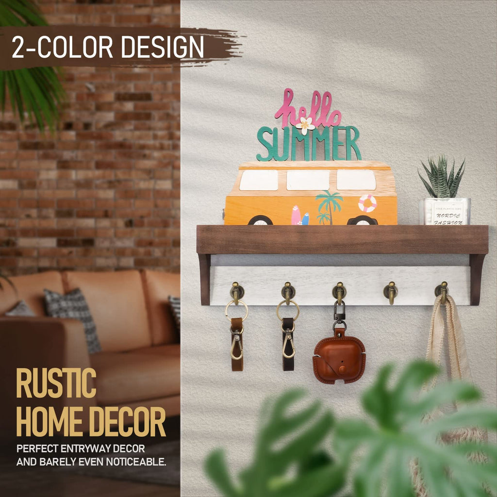 Rebee Vision Acacia Wood Farmhouse Key Holder Wall Mount for Room Decor – Retro Key Holder for Wall with Shelf for Cute Things– Stylish Home Storage for Apartment Essentials (Acacia Wood)