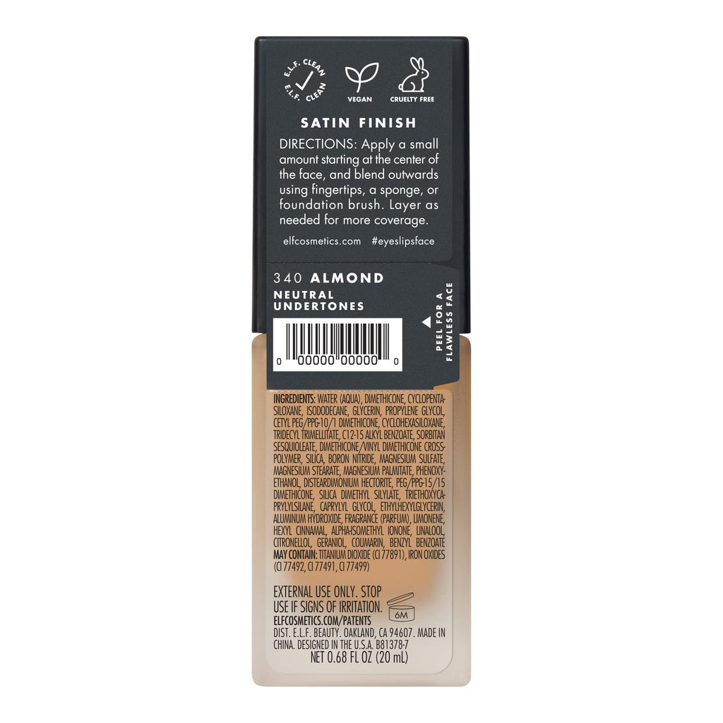 e.l.f. Flawless Satin Foundation, Lightweight & Medium Coverage, Semi-Matte Finish, Vegan & Cruelty-Free, Alabaster, 0.68 Fl Oz (20mL)