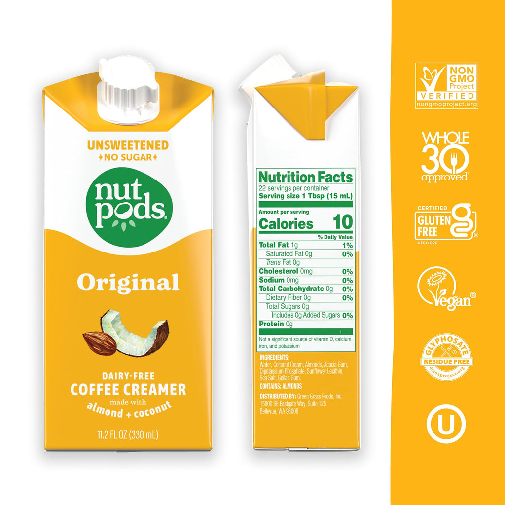 nutpods Original Coffee Creamer - Unsweetened Non Dairy Creamer Made from Almonds and Coconuts - Keto Creamer, Whole30, Gluten Free, Non-GMO, Vegan, Sugar Free, Kosher (4-Pack)