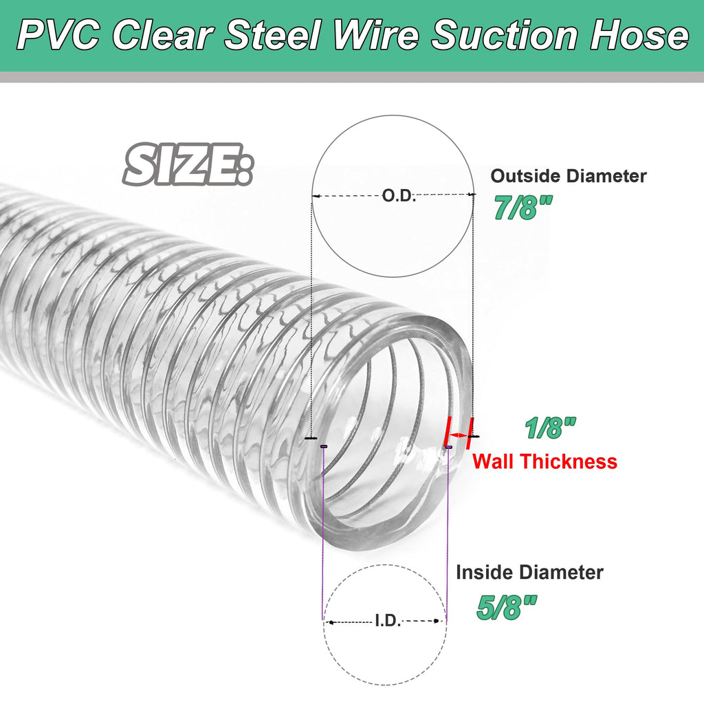 1"id-5ft PVC Reinforced Tubing Steel Wire Suction Flexible Hose Vinyl Tubing Heavy Duty PVC Vacuum Hose Drain Fuel Oil Gas Water for Marine Bilge Pump Pond Spa