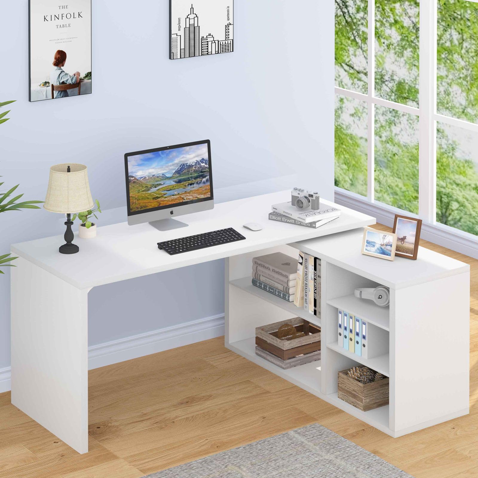 HSH Black L Shaped Computer Desk, Corner Desk with Storage Cabinet Shelves, Reversible Industrial Wood Executive Workstation, L-Shaped Home Office Table for Work Study Writing Gaming, 55 Inch