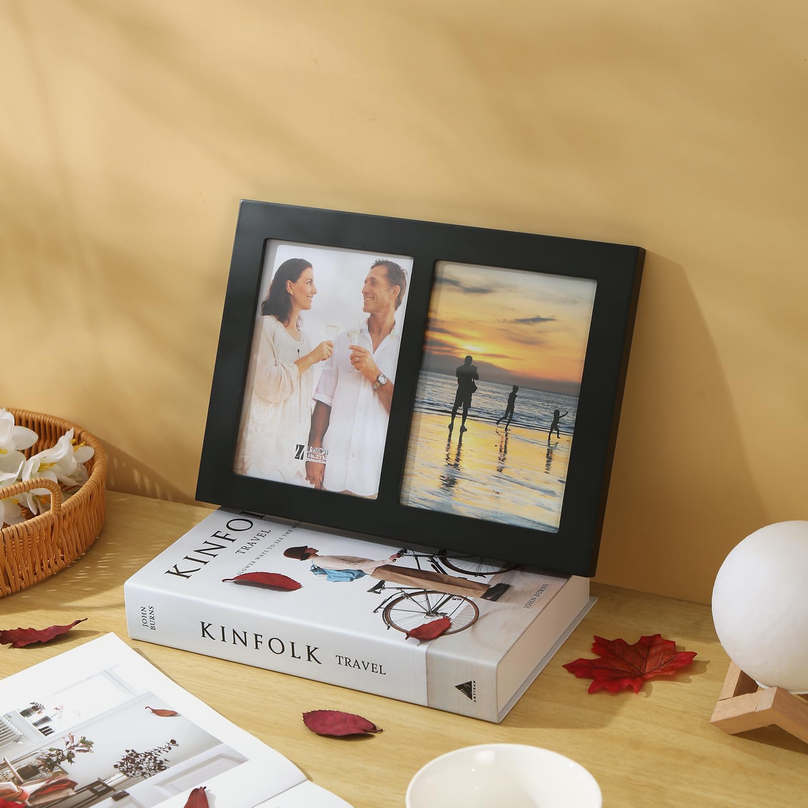 4x6 2-Opening Collage Frame Black Wood | Two 4x6 openings, shatter-resistant glass, tabletop & wall mount