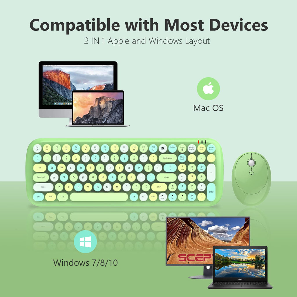 MOFII Wireless Keyboard and Mouse Combo, Compact Typewriter Retro Round Computer Keyboard and Mouse Set, Plug and Play, for Windows, Computer, Desktop, PC, Notebook - Black Green Gradient
