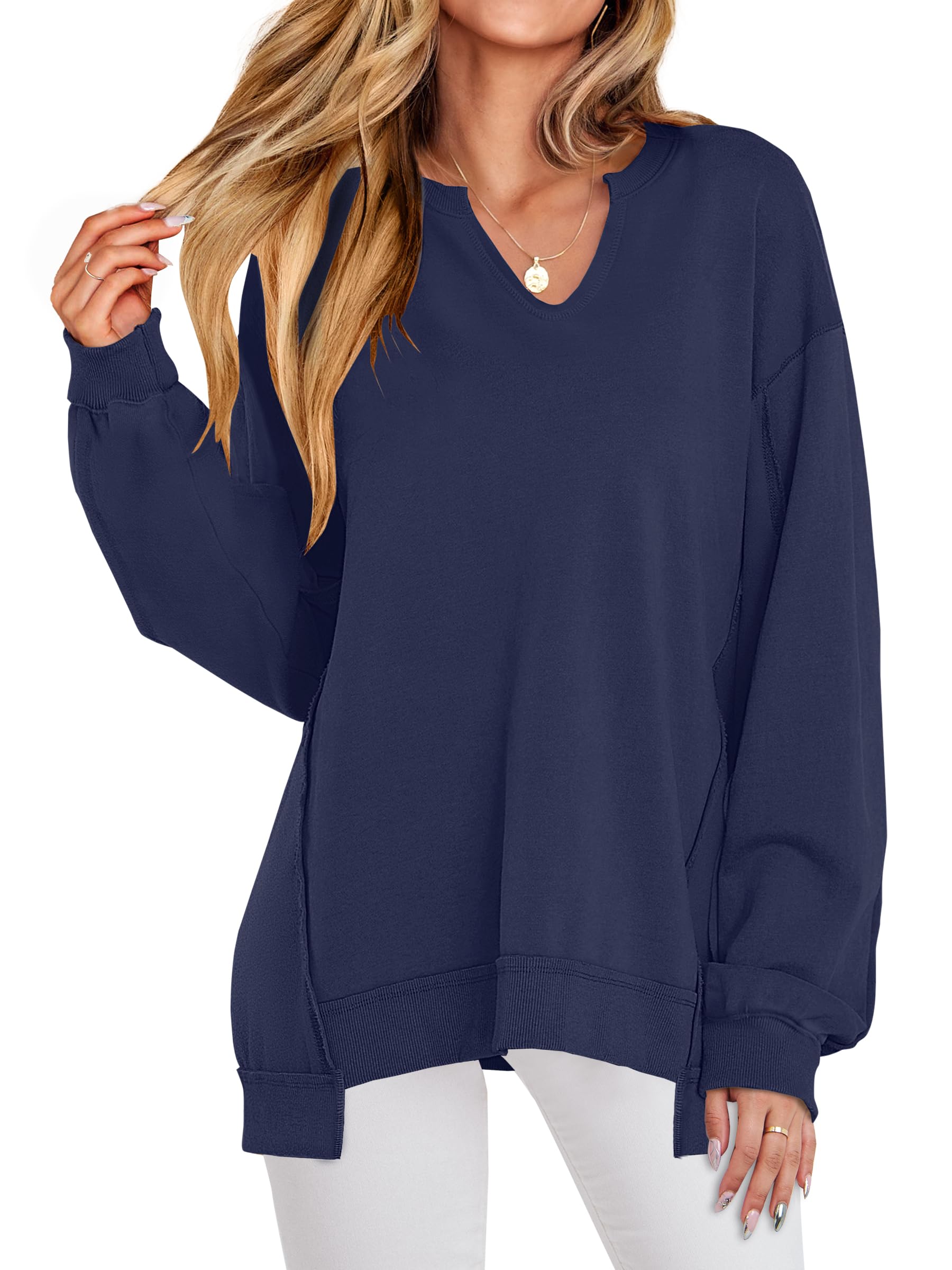 ANRABESS Women's Long Sleeve V-Neck Oversized Sweatshirts | Soft Lightweight Loose Fit Pullover Tops, Casual School Workout Office Tunic Shirts, Teen Girls Outfit, Fall Winter Clothes