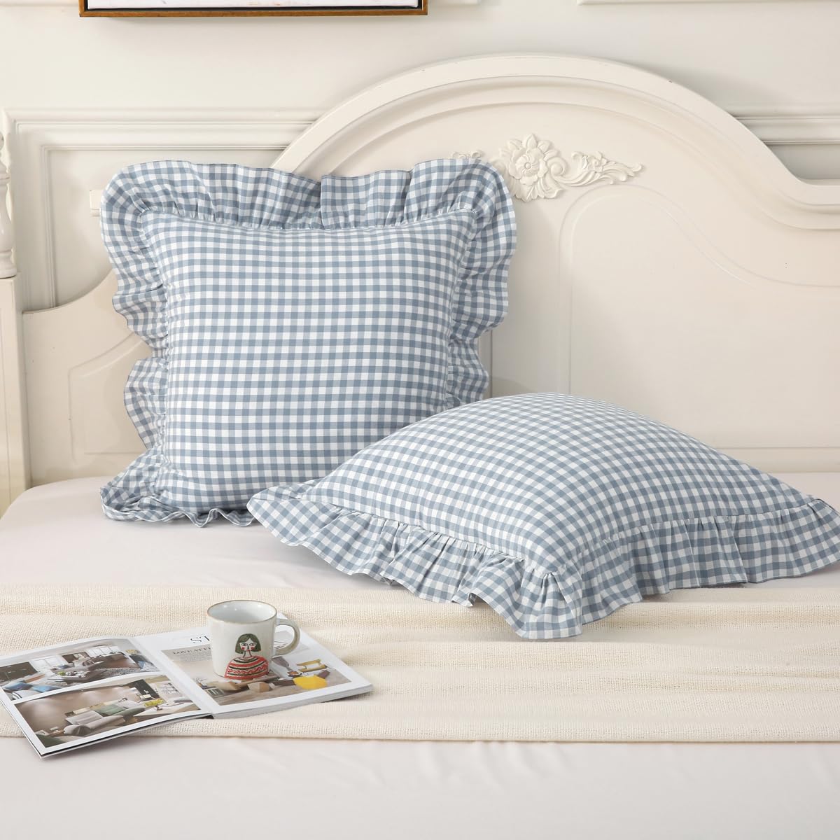 Silnuo Green/White Plaid Ruffled Queen Size Pillow Shams Set of 2,Washed Cotton Shabby Checkered Gingham Farmhouse Bed Pillow Covers 20"x30"