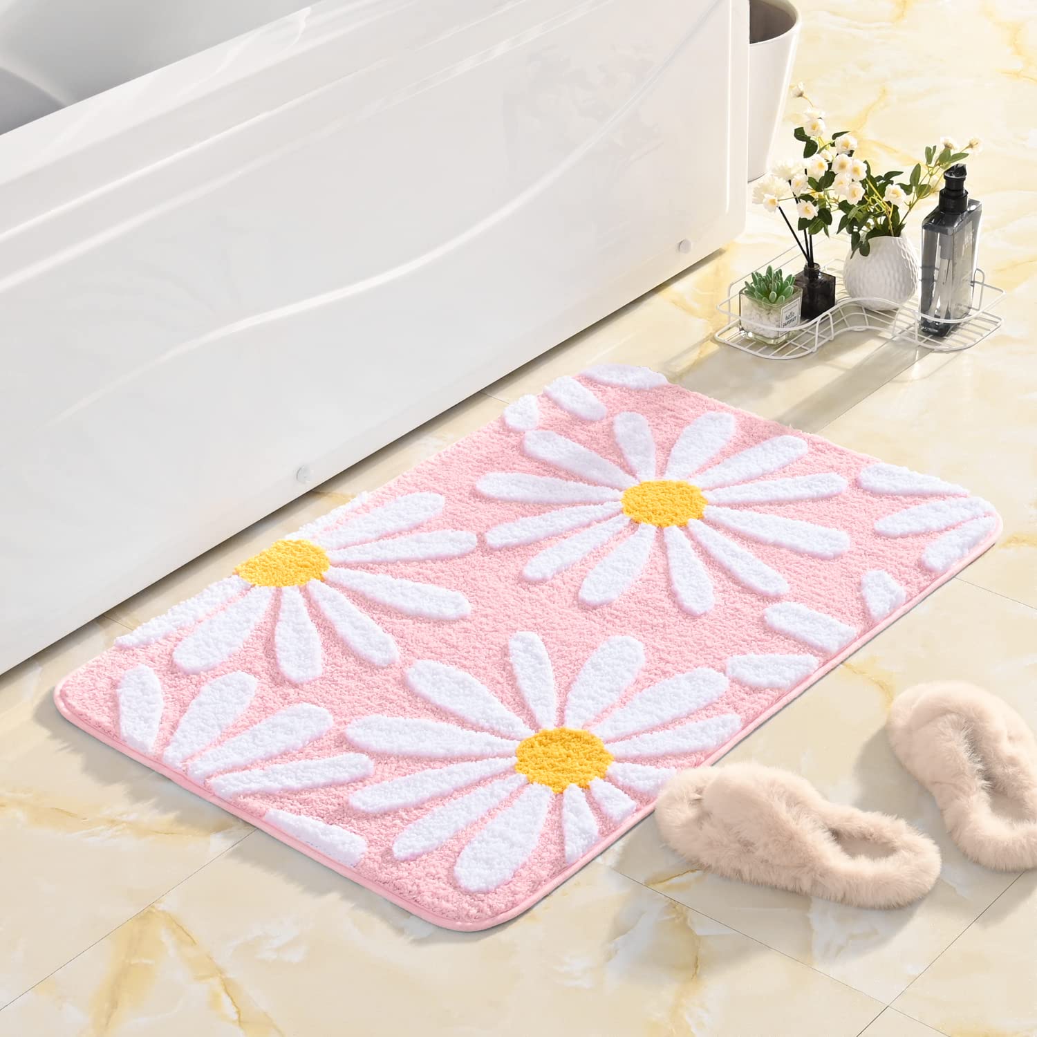 QJHOMO Beige Bathroom Rugs Cute Daisy Bath Mat White and Yellow Flower Decor Rug Non Slip Floor Carpet Microfiber Bathmat Super Absorbent Machine Washable Bathtub Mats for Shower (16x24 inch)