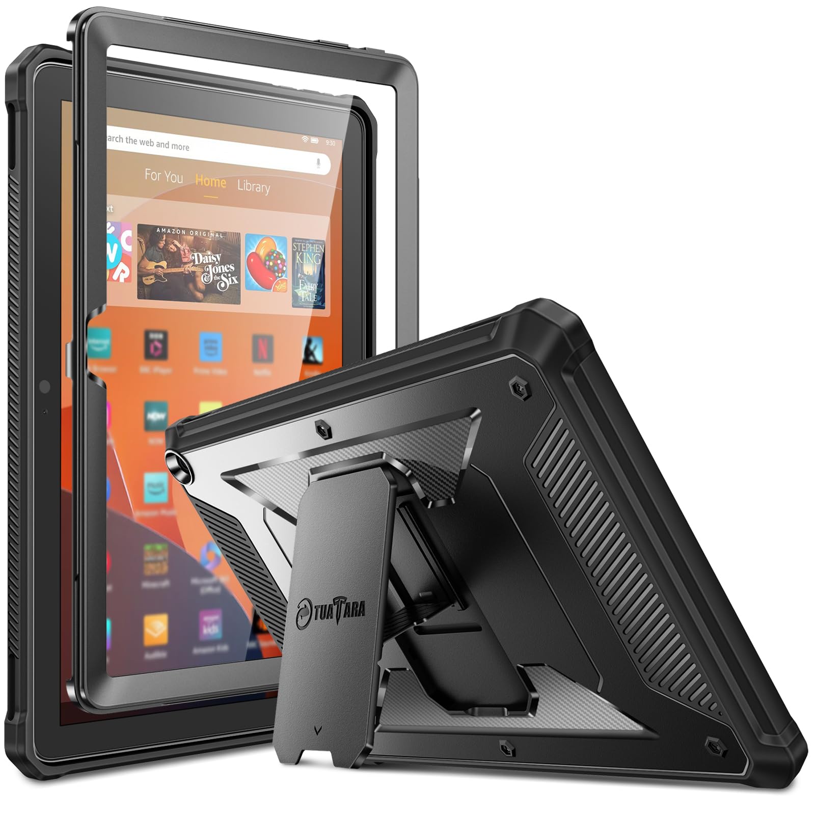 Fintie Shockproof Case for All-New Fire HD 10 Tablet (13th Generation 10.1", 2023 Release), [Tuatara] Rugged Unibody Hybrid Bumper Kickstand Cover with Built-in Screen Protector, Black