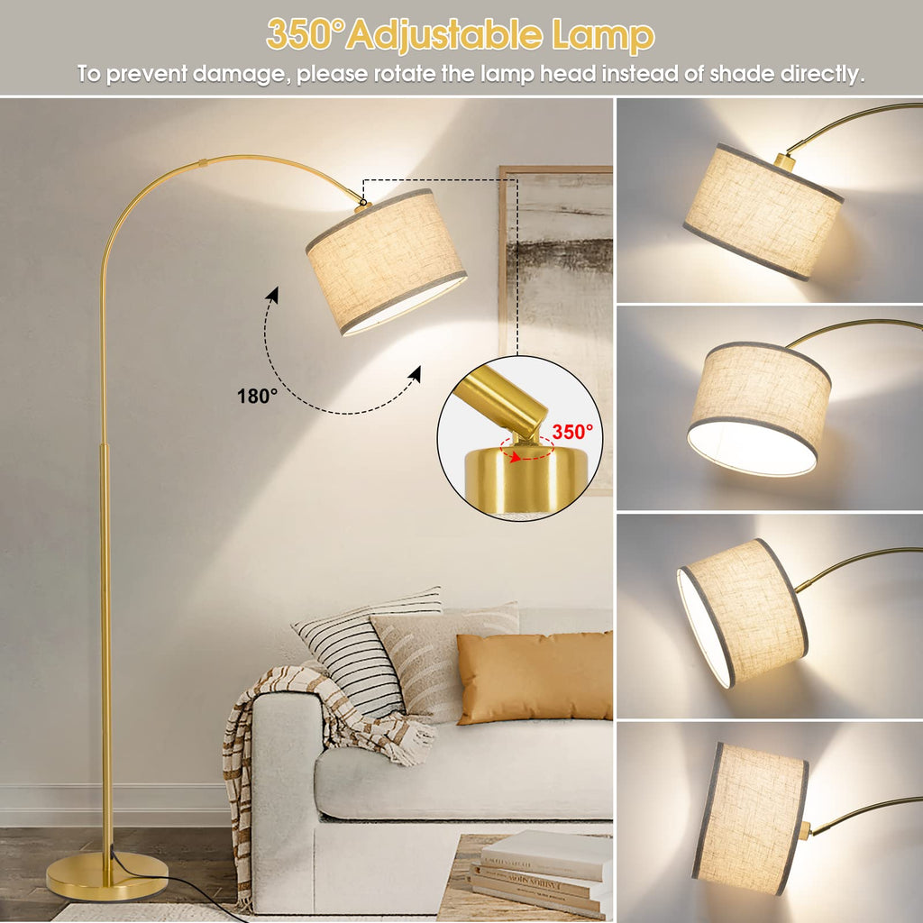 Rattan Floor Lamp, Arc Floor Lamps for Living Room, Farmhouse Standing Lamp with Adjustable Hanging Fabric Shade, Tall Pole Lamp with Foot Switch, Over Couch Arched Reading Light for Bedroom, Office