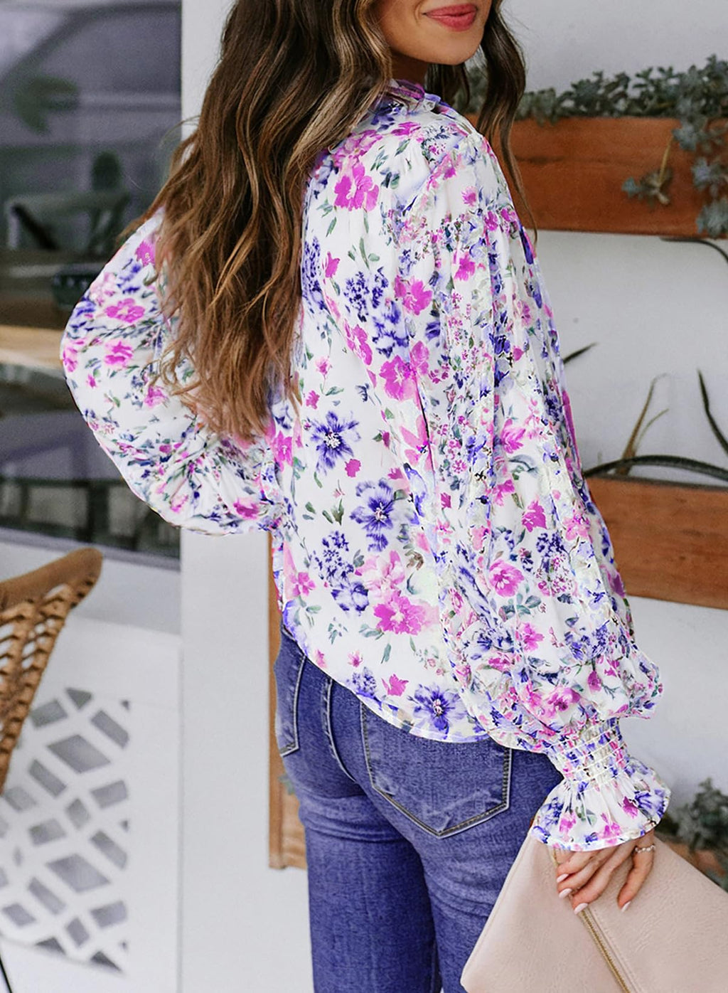 Biucly Women's Casual Boho Floral Print V Neck Long Sleeve Drawstring Tops Loose Blouses Button Down Shirts