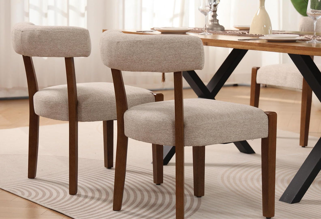 RNKSFX Upholstered Dining Chairs Set of 2, Walnut Wooden Kitchen & Dining Room Chairs, Mid Century Modern Fabric Farmhouse Dining Chairs Oversized Sturdy Rounded Chairs Curved Back, Beige Fabric