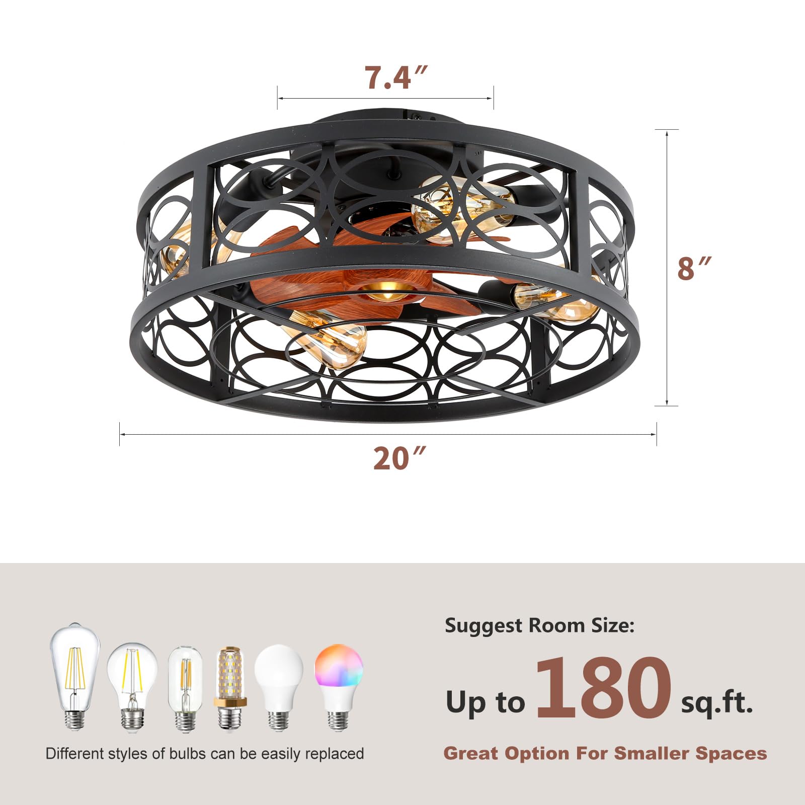 20" Boho Rattan Caged Ceiling Fan with Light,Low Profile Flush Mount Bladeless Ceiling Fan with Remote Control, 6 Speeds Reversible Silent Motor, Farmhouse Fabric Fandalier for Bedroom,Living Room