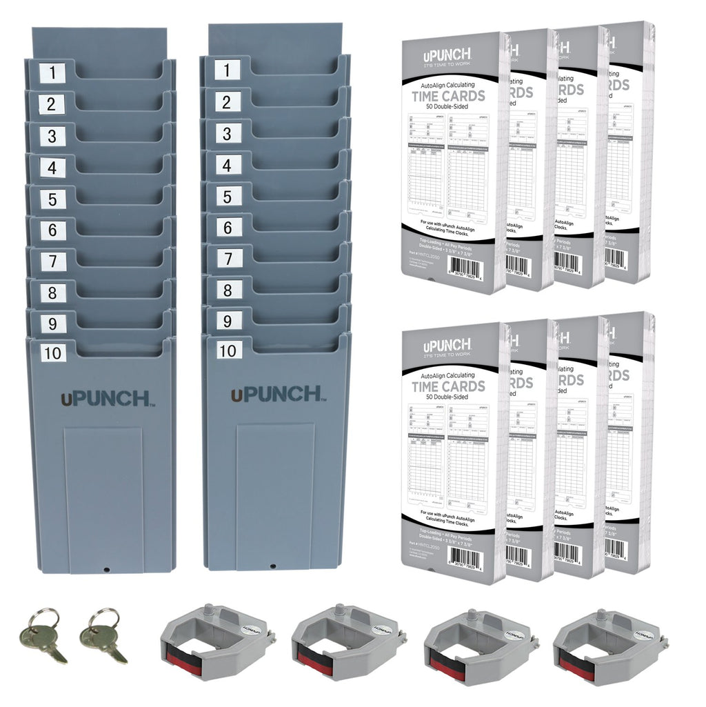 uPunch HN2500 Calculating Time Clock Bundle for Small Business: Auto Align Employee Time Tracking System with 100 Time Cards, Ribbon, and Keys