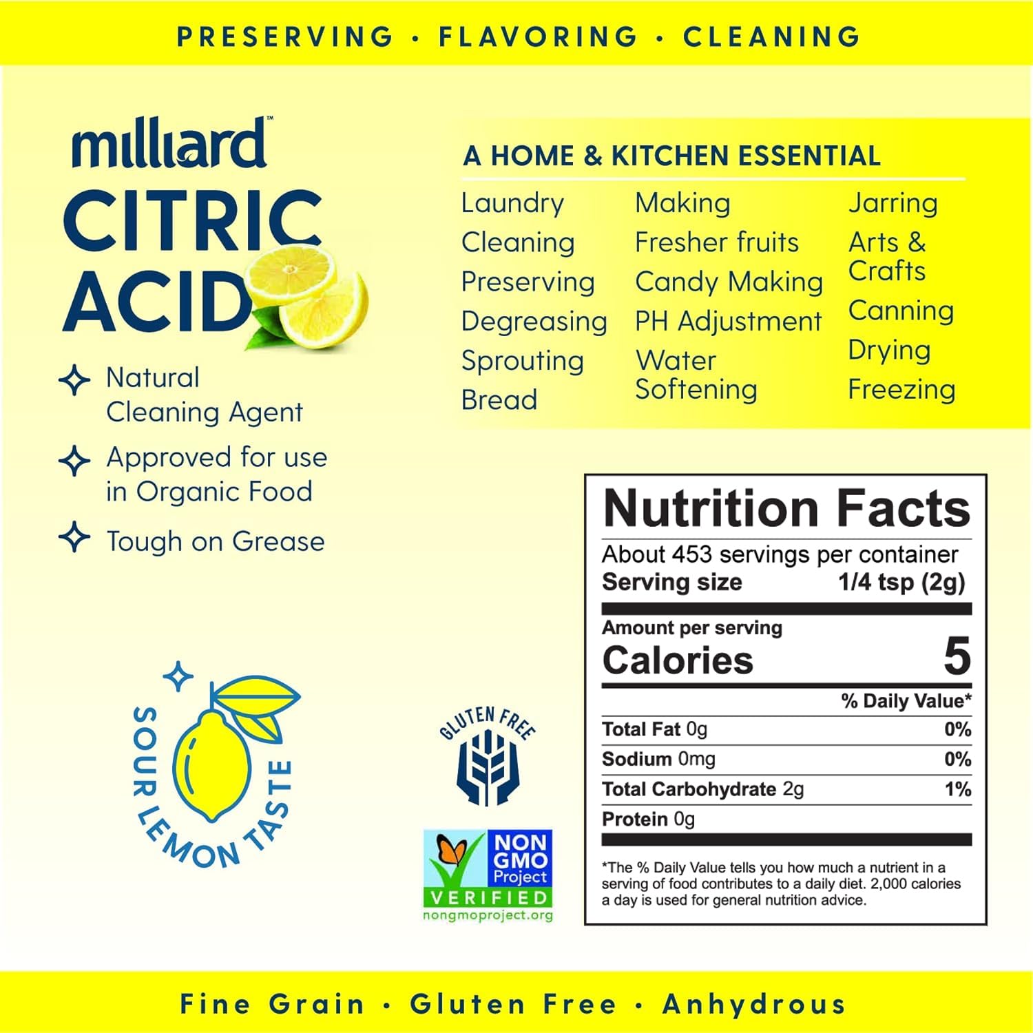 Milliard Citric Acid 5 Pound - 100% Pure Food Grade Non-GMO Project Verified (5 Pound)