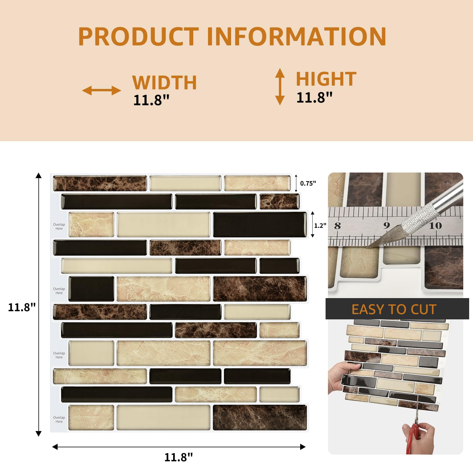 WOWSTAR 10-Sheet Peel and Stick Backsplash Tile for Kitchen, Back Splash Stick On Tiles for Kitchen Wall (Sand)